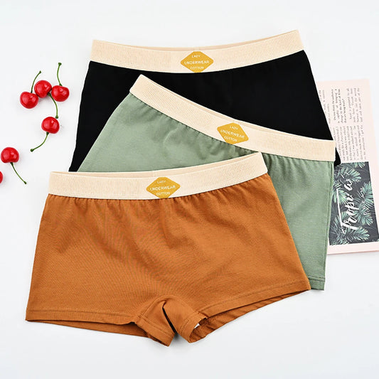 3PCS/Pack 100% Cotton Multicolor Solid Women's Boxer Knit Breathable Panties Underwear Soft High Elastic Mid-rise Thin Boyshorts.