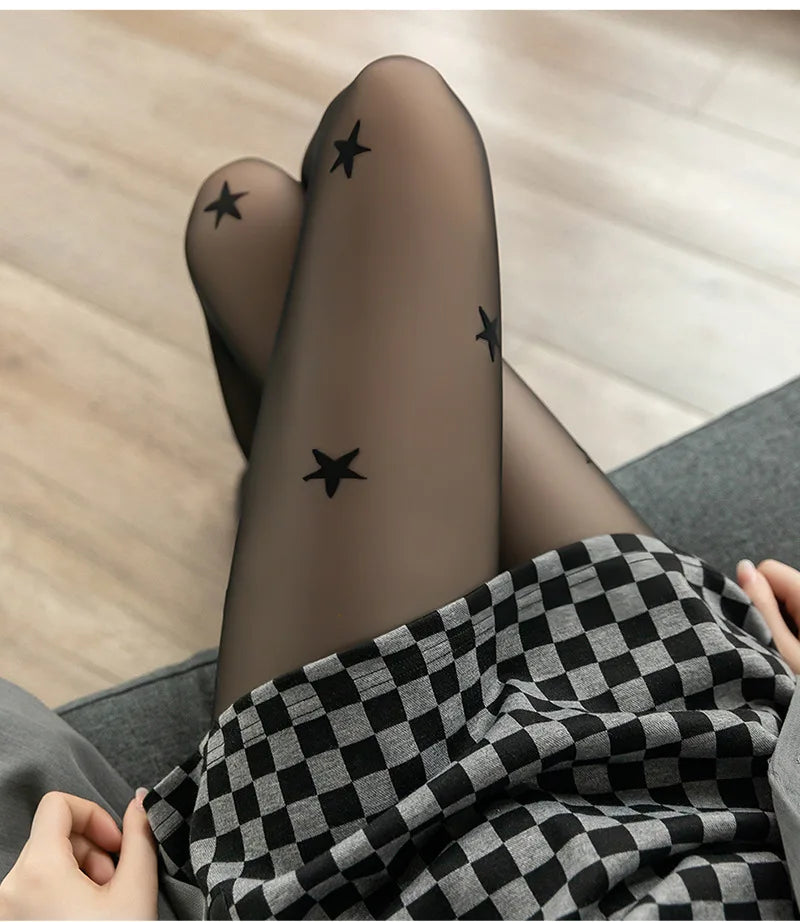 Women Tights Punk Style Star Print Y2k Girls Thigh High Stockings Pantyhose Women Lingerie Sexy Slim Body Stockings Black Tights.
