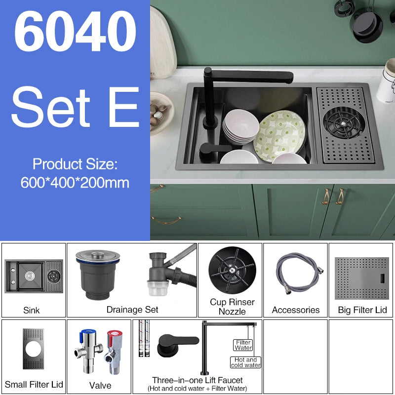 ASRAS Nano Black Small Size Kitchen Sink Cup Washer Hidden Bar Counter Cover Concealed Single Bowl Sinks With Lifting Faucet