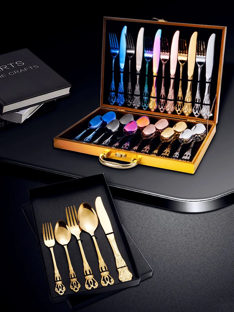 Golden Stainless Steel Cutlery Set Royal European Spoon Fork Complete Tableware Retro Design Dishwasher Safe Elegant Flatware.