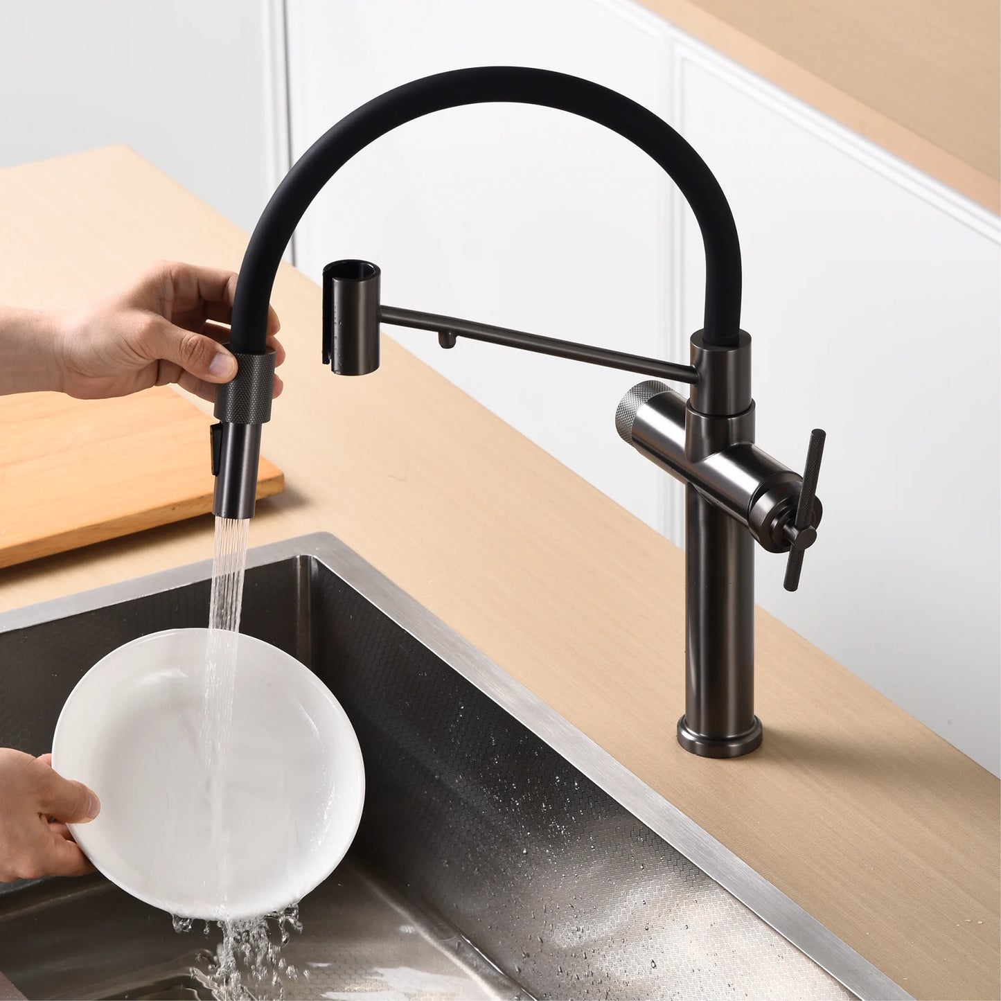 Modern chrome brass pull-out hot and cold water single hole kitchen faucet luxury 2 function drinking water mode sink faucet