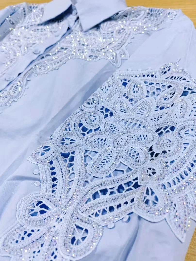 Luxury Brand Sparkle Sequins Hollow Out Embroidery Cotton Blue Blouses Shirts Women 2025 Fashion Long Sleeve Loose Casual Top.