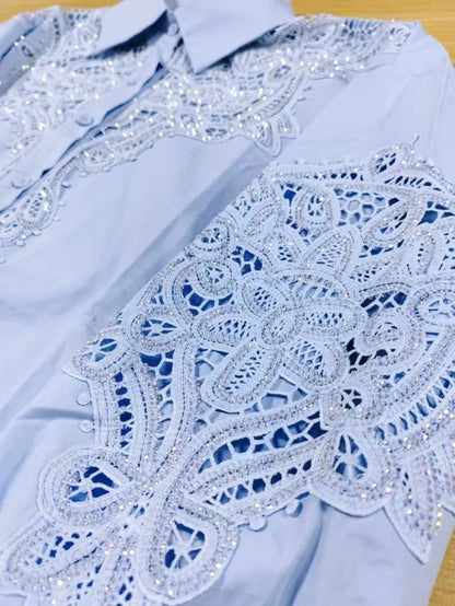 Luxury Brand Sparkle Sequins Hollow Out Embroidery Cotton Blue Blouses Shirts Women 2025 Fashion Long Sleeve Loose Casual Top.