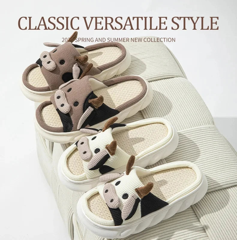 Shevalues Plush Cartoon Milk Cow Slippers Winter Women Slippers Furry Non-Slips Women Cotton Slides Couples Soft Cozy Flat Shoes