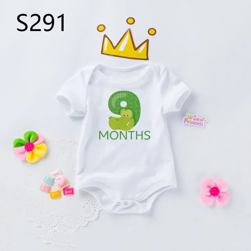 Monatlicher Meilenstein-Baby-Body, niedliches Tier, 1–12 Monate, Einteiler, Babyparty, Geschenk, Monatsbilder, monatliche Overall-Kleidung.