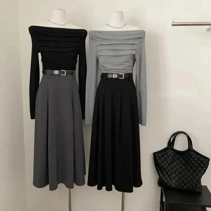 JOEVILU Pleated Off Shoulder Crop Tops Women's Slim Fit Long Sleeve T-shirt Korean Fashion Niche Base Shirt Aesthetic Clothes.