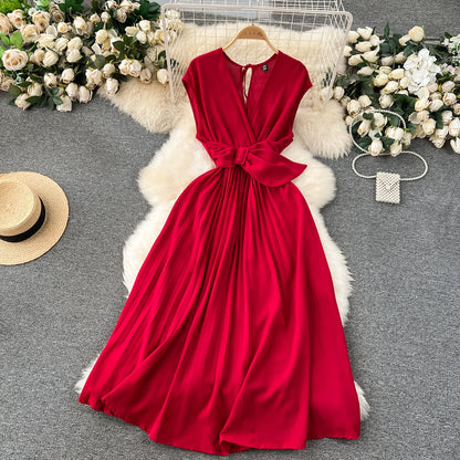 Französisch Vintage elegante Plissee Vneck Kleid A-Linie Mode Chiffon Frühling Herbst ärmellose Vestidos Frauen kleider