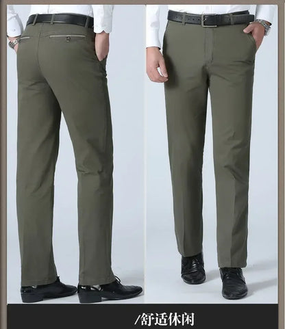 Smart Casual Pure Cotton Anti-Wrinkle High Waist Loose Baggy Straight Thicken Men Spring Autumn Solid Color Mid Casual Pants.