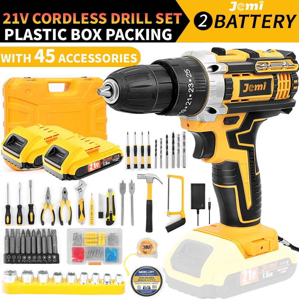 Jemi Tool 12 V/21 V Akku-Bohrschrauber, 45 Nm Schlagbohrmaschine, 25+3 Drehmomenteinstellung, mit 45 optionalen Zubehörteilen
