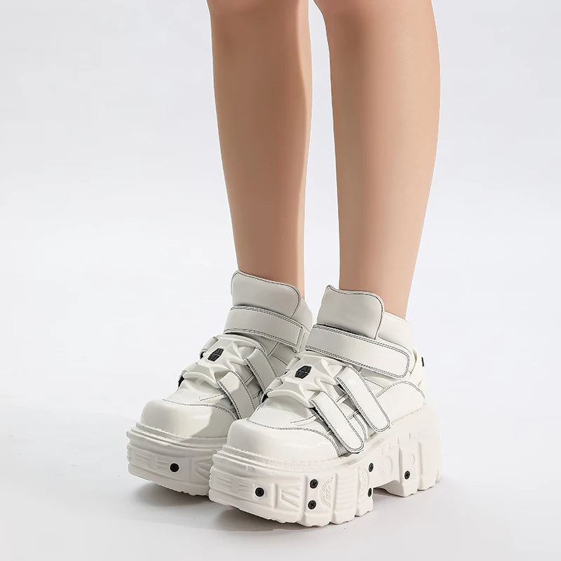 Gothic Ankle Rock Boots 2025 New Punk Style Women Shoes Lace-up White Platform Shoes Woman Metal Decor Woman Sneakers.