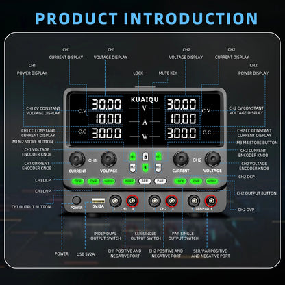 KUAIQU Newest 30V10A Dual Channel Bench Power Supply 3-Way Series-Parallel Output Overvoltage Overcurrent Protection Laboratory.