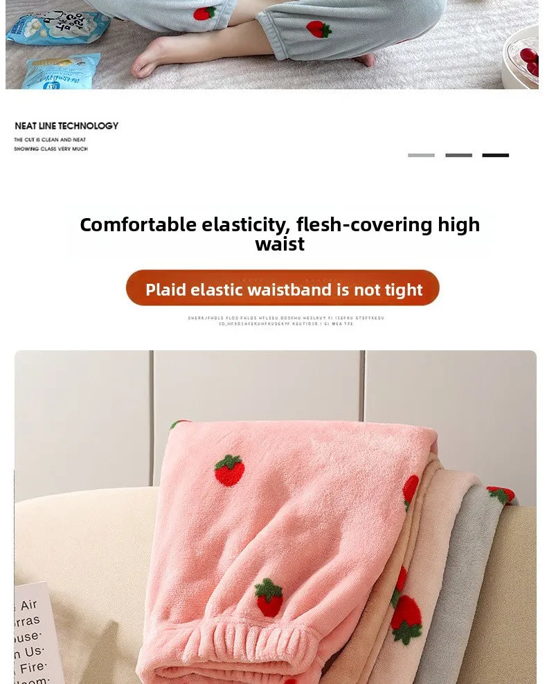 Warme Damen-Nachtwäsche für den Winter, bedruckt, Erdbeere, O-Ausschnitt, Korallensamt-Pyjama, Loungewear, zweiteiliges Set, süße Damen-Pyjamas