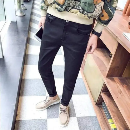 Pure White Jeans Men's Elastic Korean Style Slim Fit Youth Slimming Straight Leg Business Casual Middle Age High End Pants.