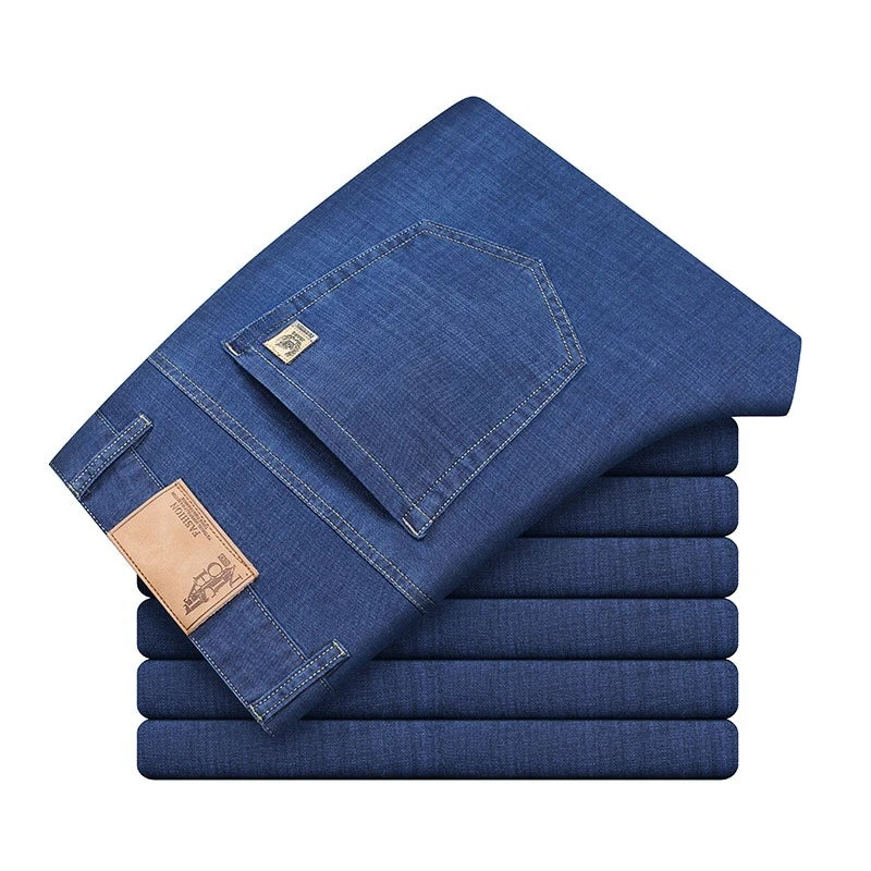 Men's Ice Silk Jeans Summer New Lyocell Thin Business Casual Denim Pants Classic All Match Slim Fit Straight Elastic Jean Male