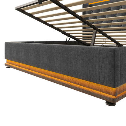 KOMHTOM Hydraulisches Lagerbett, Leinen, 360-Surround-LED-Funktion, mit USB Typ-C Ladefunktion, ohne Matratze