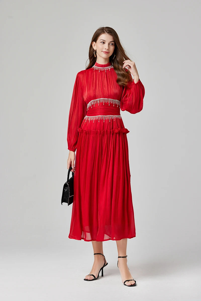 Französisch Luxus Kristall Perlen Quaste Glanz Roben Urlaub Frauen stehen Laterne Ärmel Rüschen plissiert formale Gelegenheit Ballkleid 622.