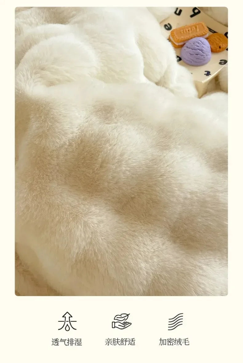 4pcs Grey Rabbit Fur Bedding Set Thick Milk Plush Winter Duvet Cover Warm Bed Sheets, Queen Size Four Piece Set  Bedroom Decor.
