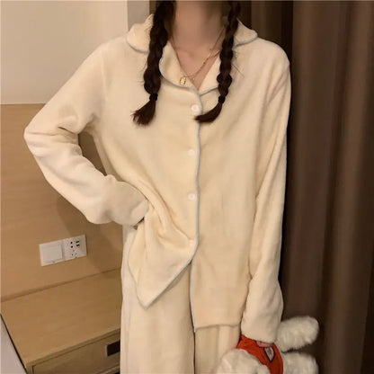 Flannel Women's Pajamas Sets Casual Autumn Winter Sleepwear Velvet Pyjama Ladies Cardigan Simple Bedroom Soft Warm Home Clothes.