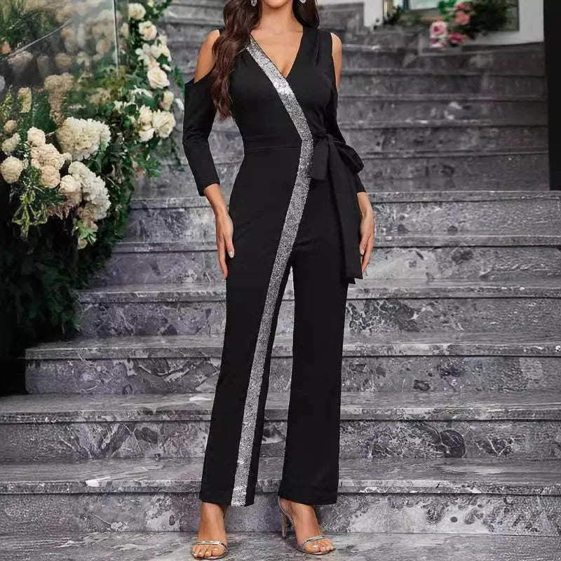 2025 Elegant Spring Summer Women Corset Jumpsuit Overalls Sexy Long Sleeve V Neck Sequins Straight Trousers Romper Onepieces.