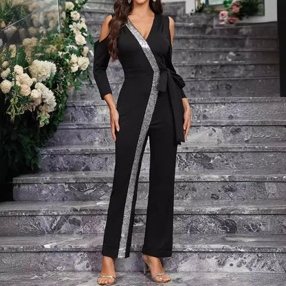 2025 Elegant Spring Summer Women Corset Jumpsuit Overalls Sexy Long Sleeve V Neck Sequins Straight Trousers Romper Onepieces.