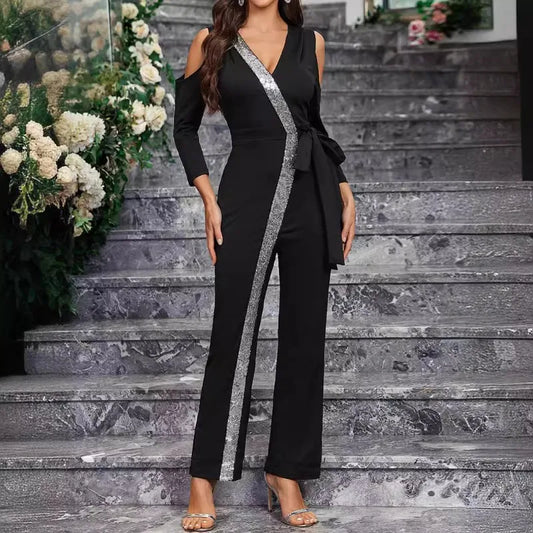2025 Elegant Spring Summer Women Corset Jumpsuit Overalls Sexy Long Sleeve V Neck Sequins Straight Trousers Romper Onepieces.