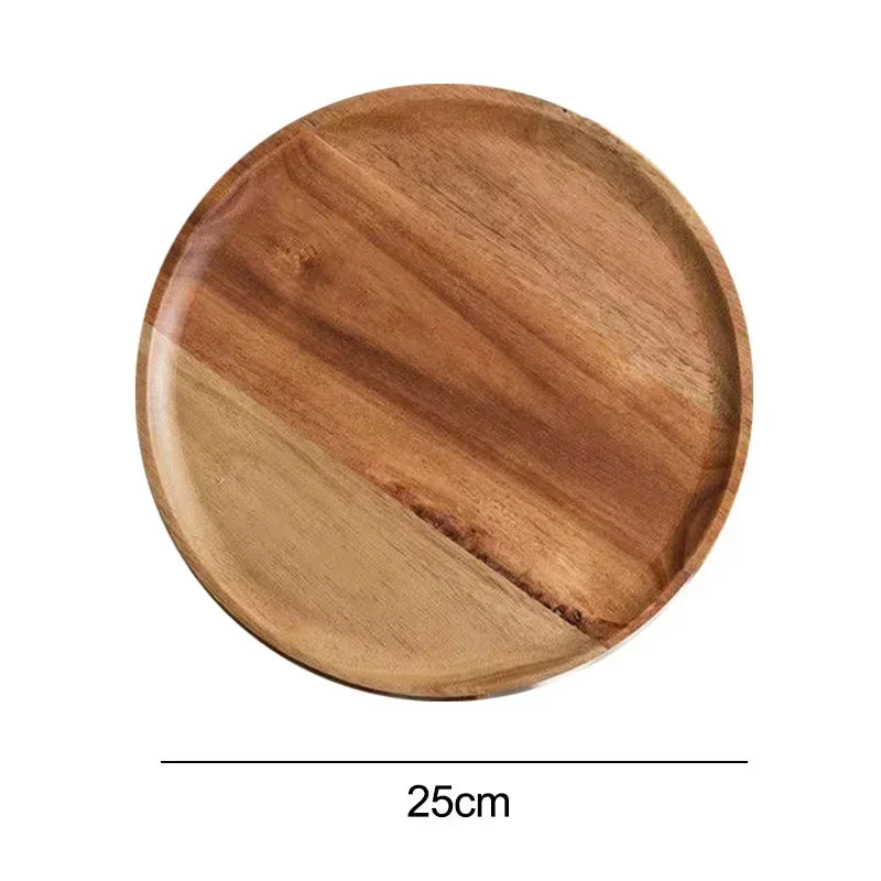 15/20/25cm Wooden Round Serving Platter Tray Retro Wood Pizza Salad Plate Fruit Dessert Tray Bread Cake Container Snacks Dish.