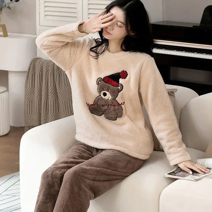 Verdickte warme große Größe gepolsterte Herbst und Winter Damen Pyjama Top und Hose Set Korallen Samt Damen Cartoon Bär 2 Teile/satz.