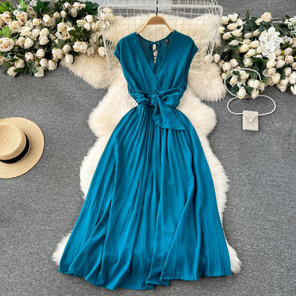 Französisch Vintage elegante Plissee Vneck Kleid A-Linie Mode Chiffon Frühling Herbst ärmellose Vestidos Frauen kleider