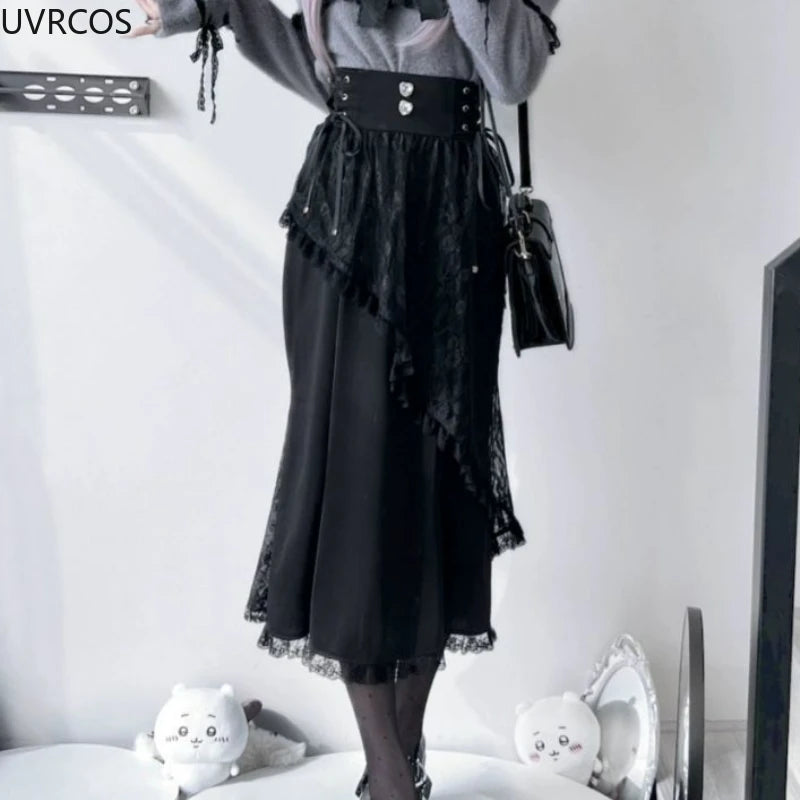 2025 Y2k Aesthetic Harajuku Style Lolita Long Skirt Women Gothic Lace Black Slim Skirts Japanese Jk Pleated Skirt Saia Feminina.