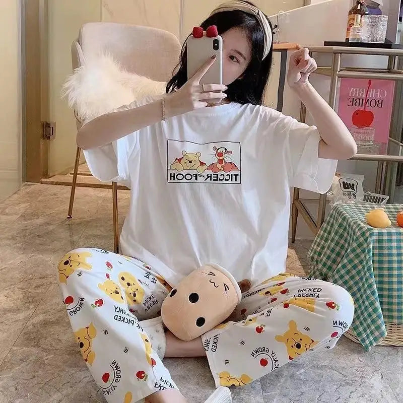 Sommer Pooh Bär Nachtwäsche frauen Lose Bequeme Cartoon Print Hause Kleidung Set Kurzarm Nachthemd Mickey Pyjama Set