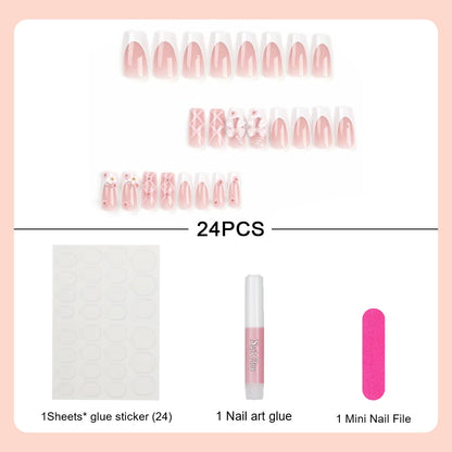 24Pcs Ballet Square Pink Press on Bow Nails 3D Flower with Bandage Design French Nail Tips for Women&Girls Daily,Spring wear.