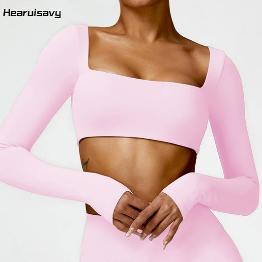 Hearuisavy Casual Quick Dry Sportswear Women Square Neck Gym Top Women Fitness Sports Crop Top Female Long Sleeve Yoga Clothing.
