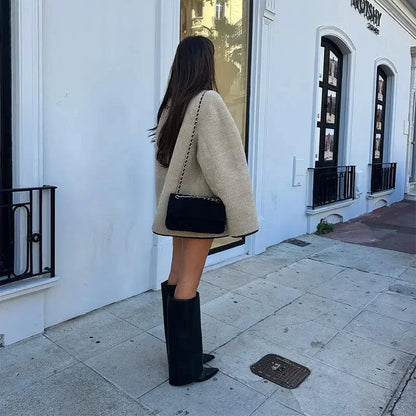 ZBZA Women's Faux Wool Jacket Loose Retro O-neck Single Breasted Long Sleeve Double Pocket Casual Overcoat Fall Winter Chic Coat