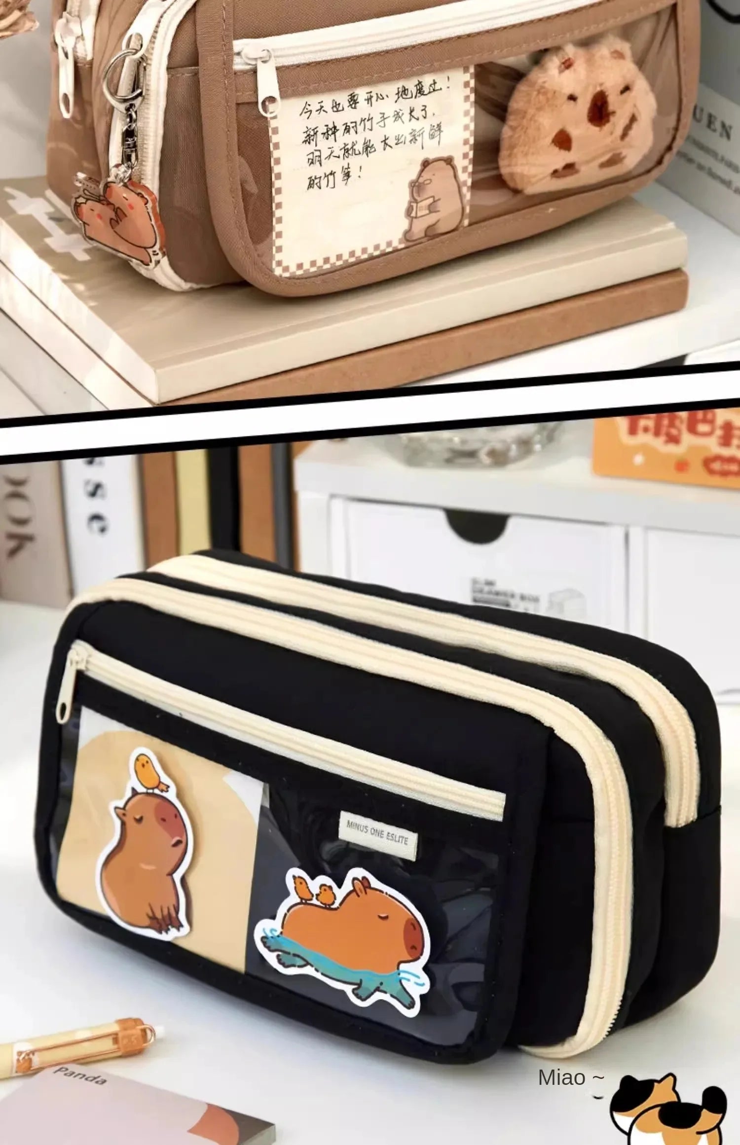 Große Kapazität Bleistift Tasche Capybara Cartoon Leinwand Schreibwaren Halter Tasche Mit Broschen Aufkleber Clips Schlüsselanhänger Kinder Stift Fall.