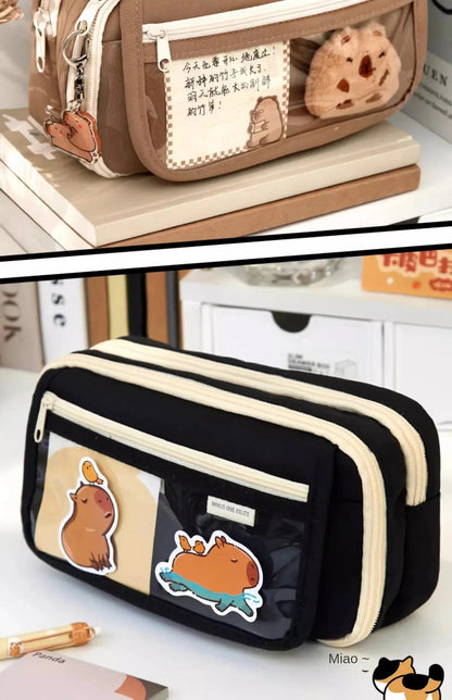 Große Kapazität Bleistift Tasche Capybara Cartoon Leinwand Schreibwaren Halter Tasche Mit Broschen Aufkleber Clips Schlüsselanhänger Kinder Stift Fall.