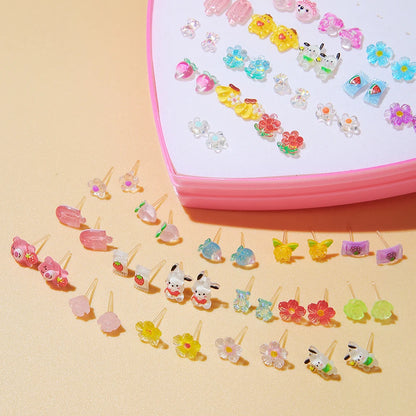 Multicolor 36Pairs Cartoon Hypoallergenic Plastic Stud Earrings Set For Women Girl Cute Animal Flower Ear Wedding Gifts Jewelry.