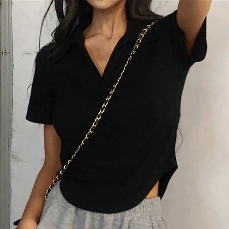 Summer Short Sleeve Lapel Top Women'S Solid V-Neck Pullovers Retro Sweet Shirts Hot Girl Crop Top Female Slim Versatile Tee.