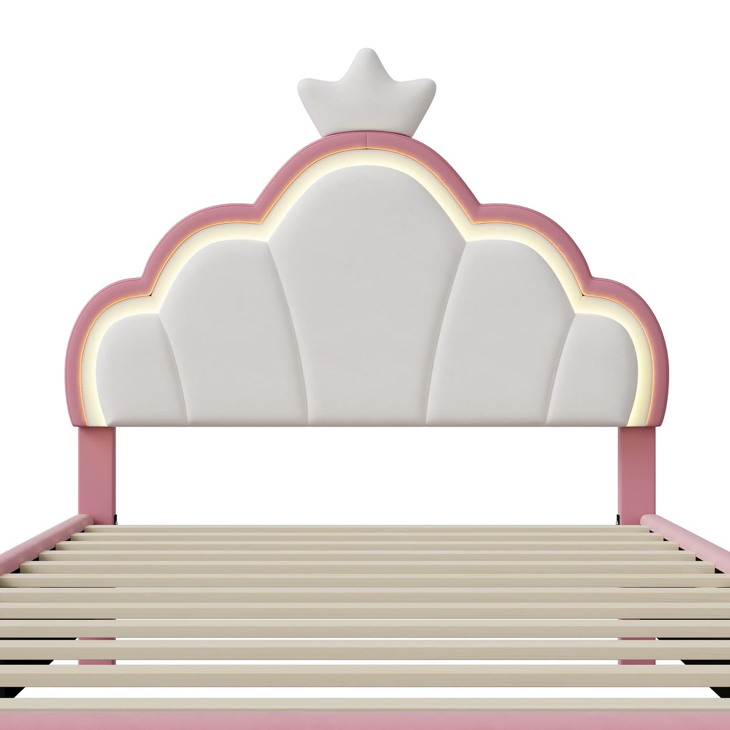 Anajqaqia 90×200 cm gepolstertes Einzelbett, Kinderbett mit LED-Leuchten, mit Lattenrost und Kronenkopfteil, Samt