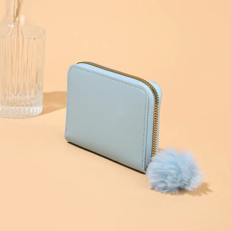 Women Fashion Zipper Wallet with Hairballs Simple Versatile Short Coin Purse Multi-Functional Multi-Card Slot Card Bag.