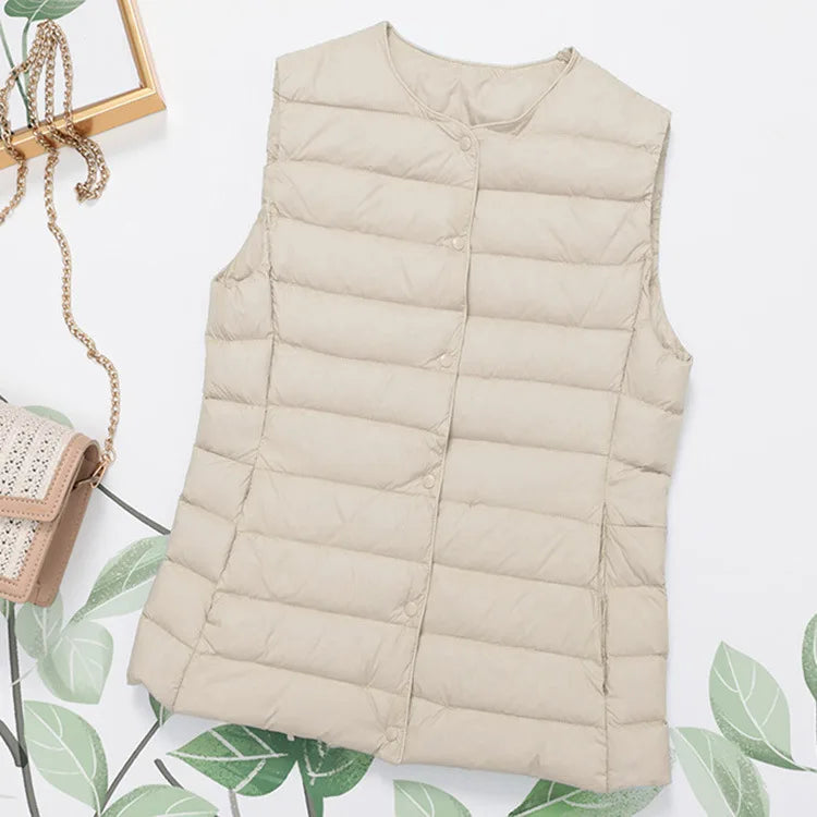 2023 Neuankömmlinge Herbst Winter warme Frauen ärmellose Daunen futter Taillen mantel weibliche ultraleichte weiße Enten Daunen weste Jacken.