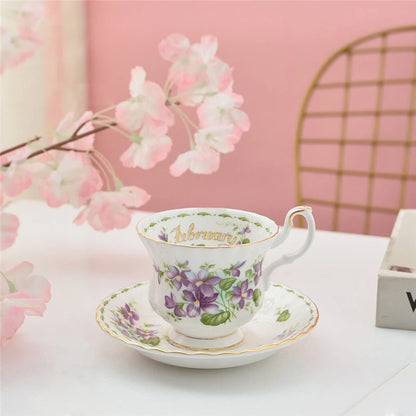 Coffee Cup and Saucer Set Month Flower Mug Bone China Drinking Set Ceramic Cup and Saucer Home Teacup Dessert Saucer Gifts