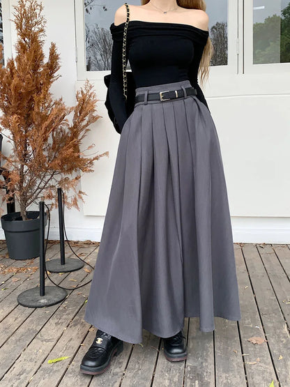 Qiukichonson Grey Midi Long Skirts Womens Maxi Skirt 2023 Autumn Winter Suit Skirt Goth Lolita High Waist Ruffle Pleated Skirts