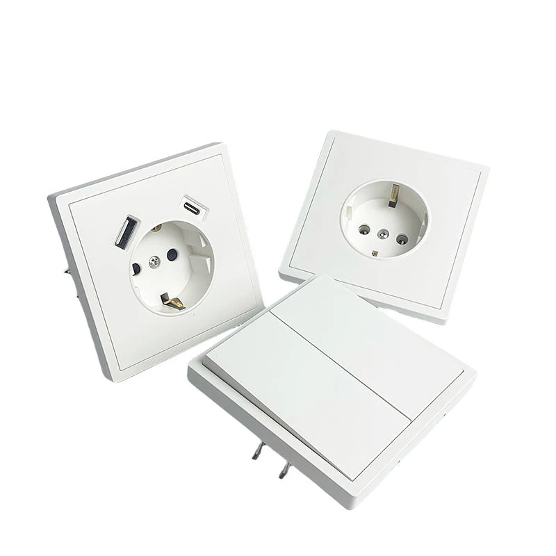 Europäische Wandsteckdose, EU-Steckdose, USB-Typ-C-Ladeanschlüsse, 1/2-Gang-Lichtschalter, 16 A 250 V, Unterputzmontage, weißes Panel, 80 x 80 mm.