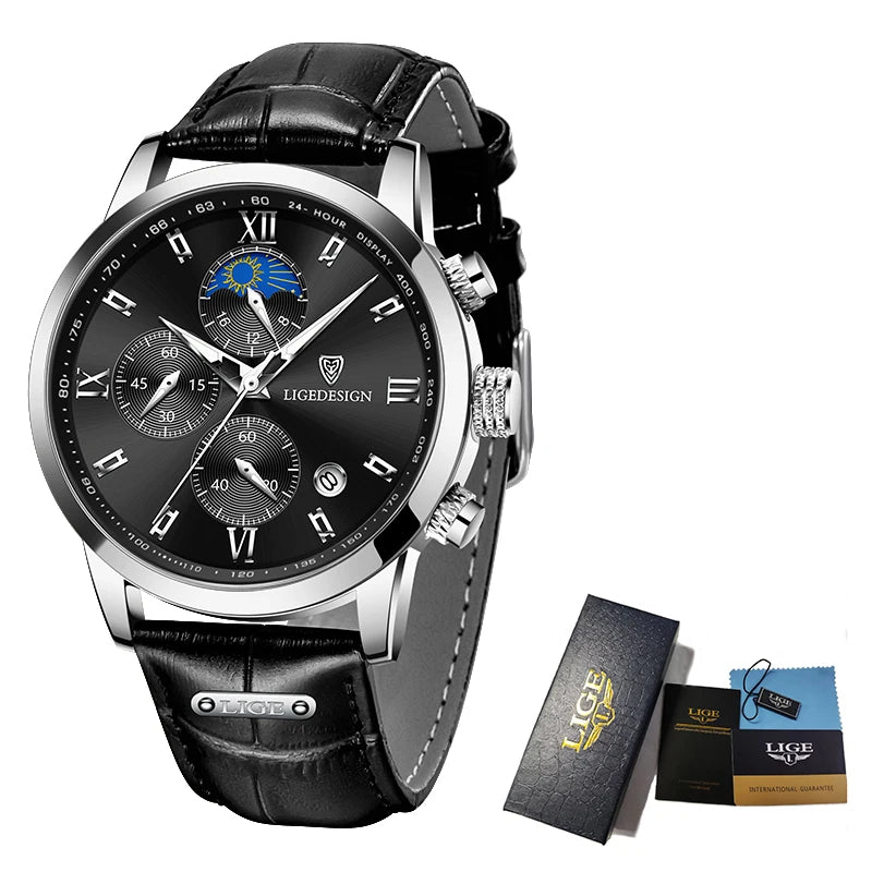 LIGE Luxury Fashion Women Watch Leather Strap Waterproof Casual Sport Quartz Wristwatch 24 hour Moon Phase Clock Watch for Women