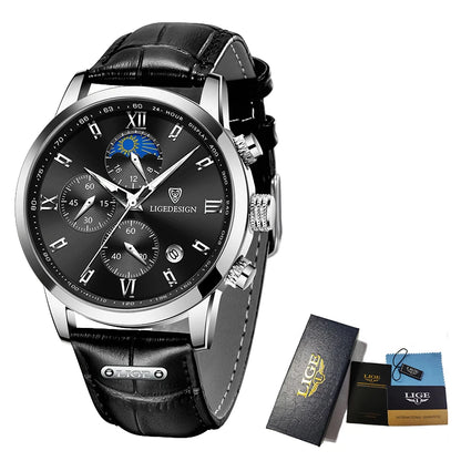 LIGE Luxury Fashion Women Watch Leather Strap Waterproof Casual Sport Quartz Wristwatch 24 hour Moon Phase Clock Watch for Women