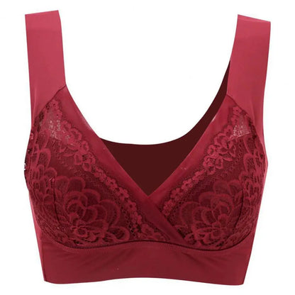 Women Bra Elastic Shoulder Strap Lace Floral Embroidery Maximum Comfort Shockproof Push-up Anti-snagging Wireless Yoga Bra.