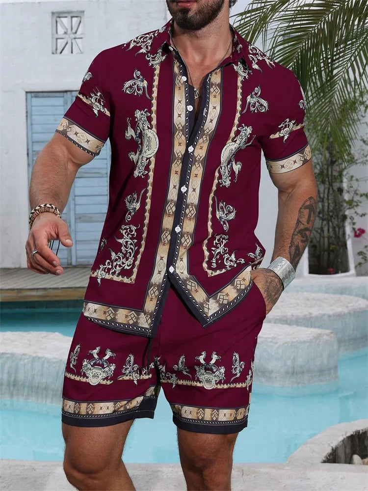 A Comfortable Summer Men's Suit Featuring Short-sleeved Shirts And Loose Shorts, A Two-piece Outdoor Fashion Set.