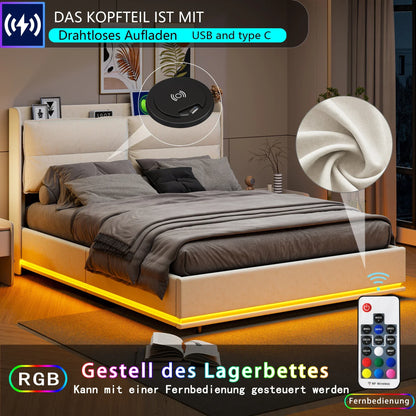 Lazyspace gepolstertes Doppelbett mit LED-Licht, Bettgestell 160 x 200 cm, Druckbett mit Lattenrost aus Holz, ohne Matratze