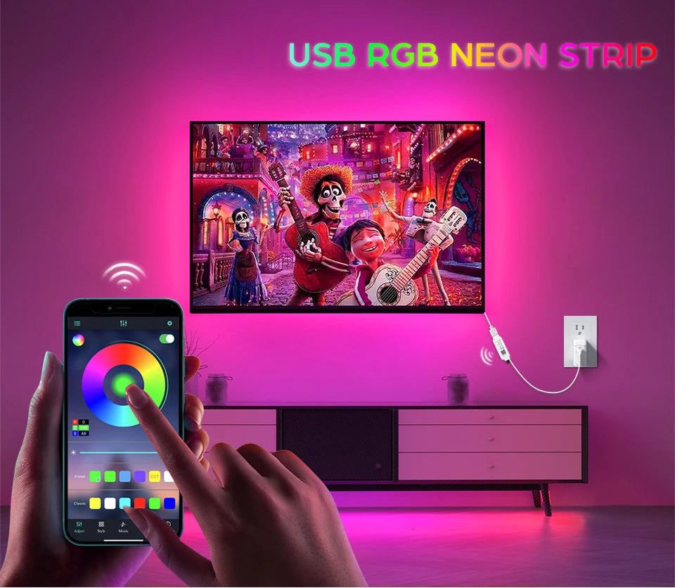 1M 2M 3M 5M RGB Neon LED Strip Light Bluetooth/IR Remote Control 5V Smart USB Silica Gel Tube LED Neon Light Room Decor Lamp.