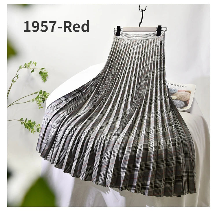Looks Thin Pleated Skirt 2025 New High Waist A-line Skirt Mid-length Big Size Plaid Skirt Long Pleated Skirt Length 75-90cm